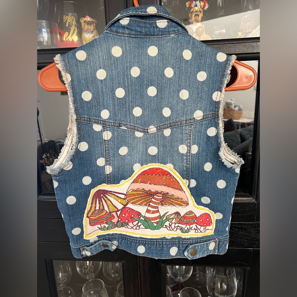 One of a kind polka dot denim vest with Mushrooms
